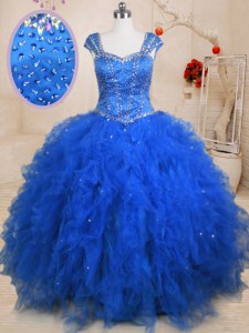 Straps Cap Sleeves Lace Up Quinceanera Dresses Blue Tulle