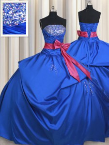 Blue Vestidos de Quinceanera Military Ball and Sweet 16 and Quinceanera and For with Beading and Bowknot Strapless Sleeveless Lace Up