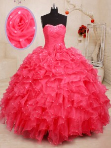 Coral Red Sleeveless Beading and Ruffles and Sequins and Hand Made Flower Floor Length Sweet 16 Quinceanera Dress