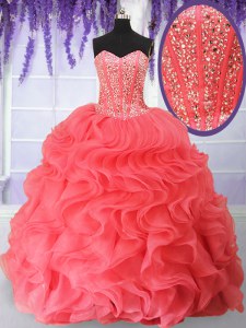 Vintage Sweetheart Sleeveless Lace Up Quince Ball Gowns Watermelon Red Organza