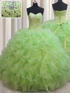 Yellow Green Ball Gowns Sweetheart Sleeveless Organza Floor Length Lace Up Beading and Ruffles Quinceanera Dresses