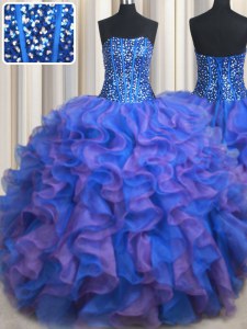 Noble Beading and Ruffles Sweet 16 Dresses Blue and Purple Lace Up Sleeveless Floor Length