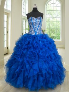 Flare Ball Gowns Ball Gown Prom Dress Royal Blue Sweetheart Organza Sleeveless Floor Length Lace Up