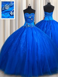 Sweetheart Sleeveless Quinceanera Gowns Floor Length Beading and Appliques Royal Blue Tulle