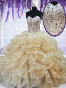 Artistic Champagne Organza Lace Up Quinceanera Dresses Sleeveless Floor Length Beading and Ruffles