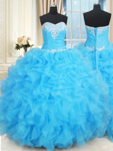Sophisticated Baby Blue Sweetheart Neckline Beading and Ruffles and Ruffled Layers Sweet 16 Quinceanera Dress Sleeveless Lace Up