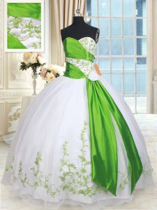 White and Green Sleeveless Organza Lace Up Quinceanera Gowns for Military Ball and Sweet 16 and Quinceanera