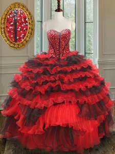 Exquisite Red And Black Sweetheart Lace Up Beading Ball Gown Prom Dress Sleeveless