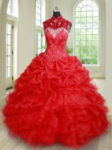 Custom Made Pick Ups See Through High-neck Sleeveless Lace Up Sweet 16 Quinceanera Dress Red Organza