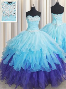 Floor Length Lace Up Sweet 16 Quinceanera Dress Multi-color for Military Ball and Sweet 16 and Quinceanera with Beading and Ruffles