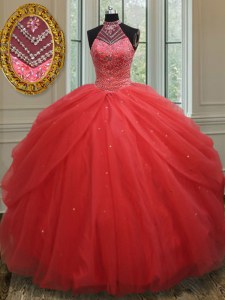 Eye-catching Pick Ups Ball Gowns Ball Gown Prom Dress Red Halter Top Tulle Sleeveless Floor Length Lace Up