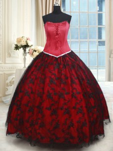 Fashion Black and Red Lace Lace Up Strapless Sleeveless Floor Length Quinceanera Gown Lace