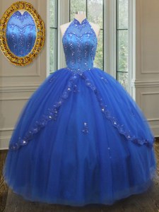 Beautiful High Neck See Through Beading and Appliques Quinceanera Gowns Royal Blue Lace Up Sleeveless Floor Length