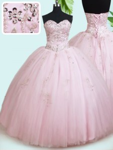 Lovely Floor Length Baby Pink Sweet 16 Quinceanera Dress Tulle Sleeveless Beading