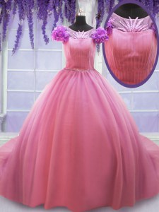 Rose Pink Quinceanera Gowns Military Ball and Sweet 16 and Quinceanera and For with Beading and Hand Made Flower Scoop Cap Sleeves Court Train Lace Up