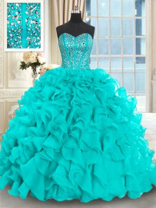 Gorgeous With Train Ball Gowns Sleeveless Aqua Blue Quinceanera Gowns Brush Train Lace Up