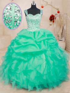 Pretty Turquoise Ball Gowns Organza Straps Sleeveless Beading and Ruffles and Pick Ups Floor Length Lace Up Sweet 16 Dress