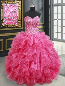 Fancy Floor Length Hot Pink Quinceanera Gown Organza Sleeveless Beading and Ruffles