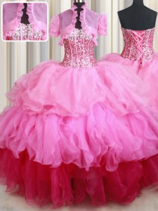 Rose Pink Ball Gowns Sweetheart Sleeveless Organza Floor Length Lace Up Ruffles and Sequins Quinceanera Dresses