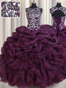 Scoop Dark Purple Sleeveless Beading and Ruffles and Pick Ups Floor Length Quinceanera Gowns