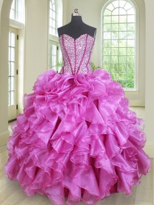 Nice Sleeveless Organza Floor Length Lace Up Sweet 16 Dress in Lilac with Beading and Ruffles
