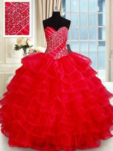 Vintage Red Ball Gowns Beading and Ruffled Layers Ball Gown Prom Dress Lace Up Tulle Sleeveless Floor Length