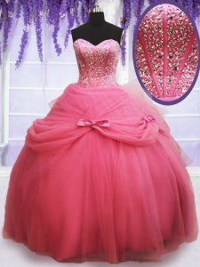 Clearance Sleeveless Floor Length Beading and Bowknot Lace Up Sweet 16 Quinceanera Dress with Watermelon Red