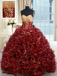 Fantastic Burgundy Ball Gowns Sweetheart Sleeveless Organza Brush Train Lace Up Beading and Ruffles Quinceanera Gowns