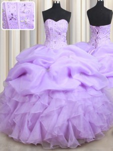 Great Lavender Sleeveless Floor Length Beading and Ruffles and Pick Ups Lace Up Sweet 16 Quinceanera Dress