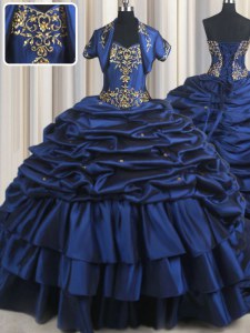Embroidery and Pick Ups Sweet 16 Dresses Navy Blue Lace Up Sleeveless With Train Court Train