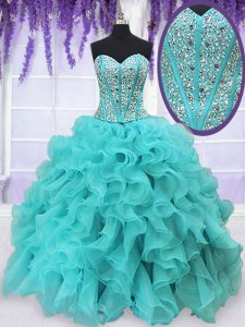 Traditional Aqua Blue Organza Lace Up Quinceanera Gowns Sleeveless Floor Length Beading and Ruffles