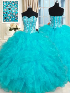 Affordable Aqua Blue Lace Up Quinceanera Gowns Beading and Ruffles Sleeveless Floor Length