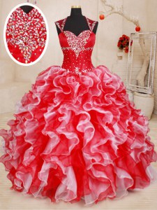 Amazing Straps Sleeveless Lace Up Ball Gown Prom Dress White and Red Organza