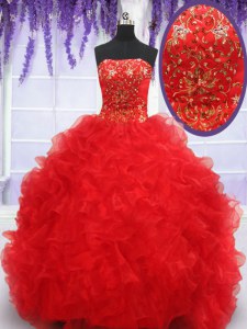 Hot Selling Red Organza Lace Up Quince Ball Gowns Sleeveless Floor Length Beading and Embroidery and Ruffles