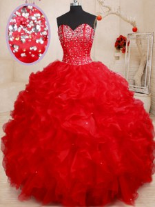 Fantastic Red Sweetheart Lace Up Beading and Ruffles Ball Gown Prom Dress Sleeveless