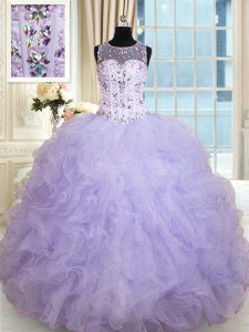 Designer Scoop Lavender Sleeveless Floor Length Beading and Ruffles Lace Up Sweet 16 Dresses