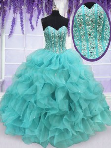 Beading and Ruffles Sweet 16 Quinceanera Dress Aqua Blue Lace Up Sleeveless Floor Length