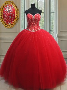 Best Selling Sweetheart Sleeveless Lace Up Sweet 16 Quinceanera Dress Red Tulle