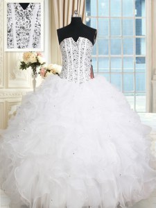 Luxurious White Organza Lace Up Sleeveless Floor Length Sweet 16 Dresses Beading and Ruffles