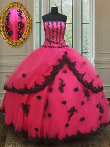 Enchanting Hot Pink Strapless Lace Up Beading and Appliques 15 Quinceanera Dress Sleeveless