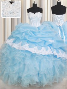 Attractive Light Blue Ball Gowns Organza Sweetheart Sleeveless Beading and Lace and Ruffles and Pick Ups Floor Length Lace Up Quinceanera Gown
