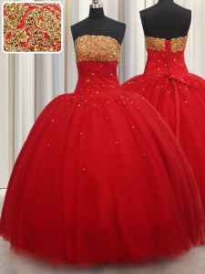 Attractive Red Lace Up Sweet 16 Dress Beading Sleeveless Floor Length