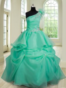 Flirting Floor Length Turquoise 15 Quinceanera Dress One Shoulder Sleeveless Lace Up