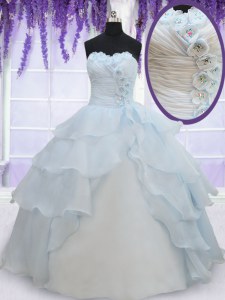 Sleeveless Organza Floor Length Lace Up Quinceanera Gowns in Light Blue with Appliques and Ruffled Layers