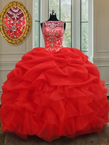 Traditional See Through Red Organza Lace Up Quince Ball Gowns Sleeveless Floor Length Beading and Ruffles