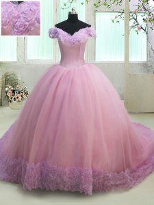 Luxurious Off the Shoulder Cap Sleeves With Train Lace Up Sweet 16 Dress Lilac for Military Ball and Sweet 16 and Quinceanera with Ruching Court Train
