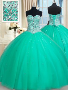 Simple Sweetheart Sleeveless Sweet 16 Dresses Floor Length Beading Turquoise Tulle