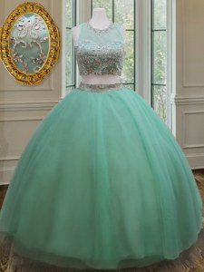 Scoop Sleeveless Tulle Floor Length Zipper Quinceanera Gown in Apple Green with Beading