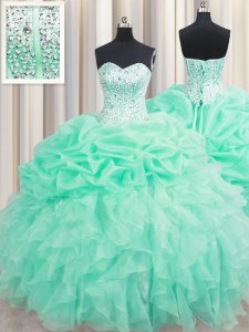 Apple Green Lace Up Sweet 16 Quinceanera Dress Beading and Ruffles and Pick Ups Sleeveless Floor Length