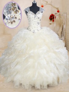Champagne Straps Zipper Beading and Ruffles Quinceanera Dress Cap Sleeves
